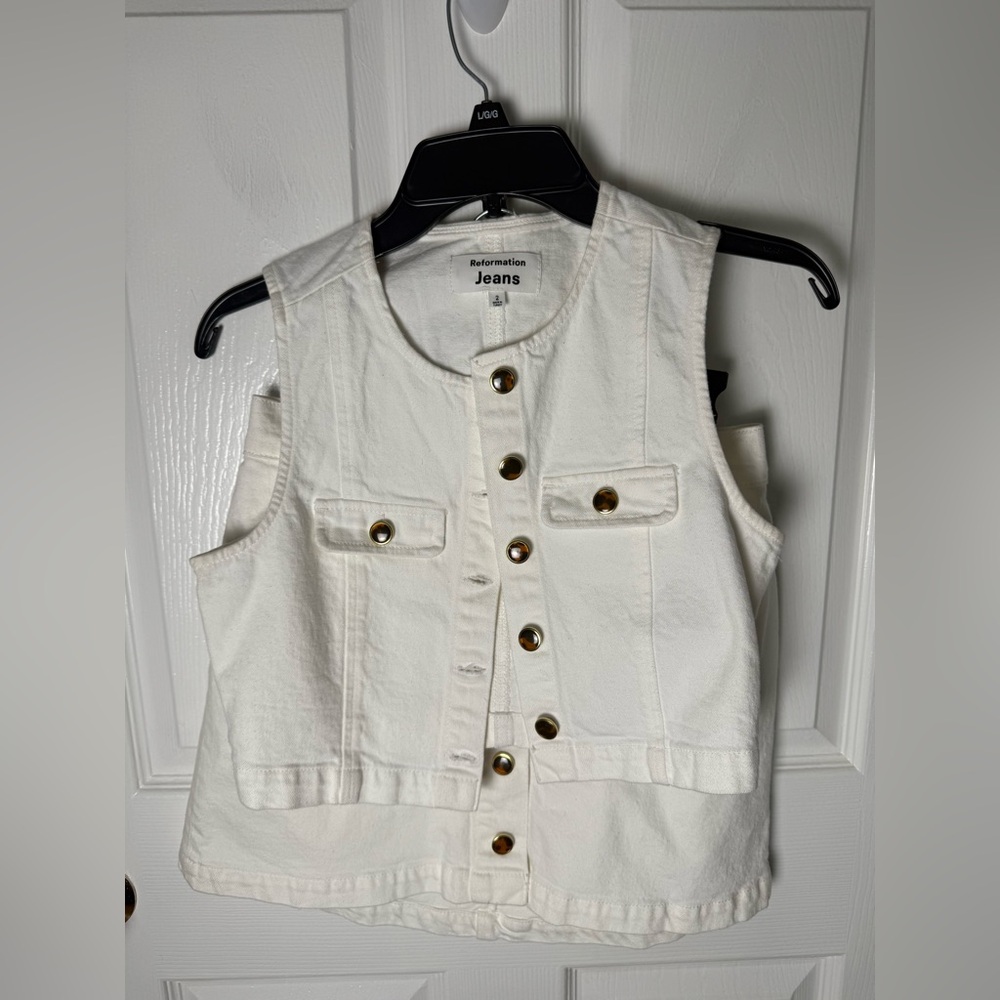 Reformation Cher Denim Two Piece Set in White 2 - Picture 2 of 13
